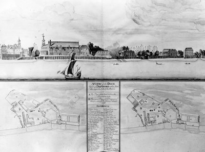 A View of the Dockyard at Deptford Taken from the Opposite Side of the Thames, 1698 by English School